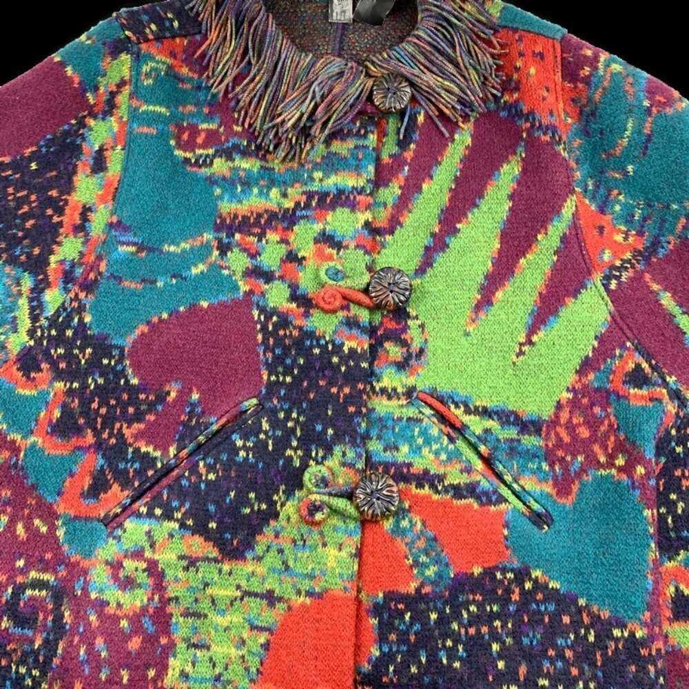 Missoni Vintage 80s 100% Wool Fringe Artsy Colorful Knit Jacket Poncho Women's M - Picture 3 of 16